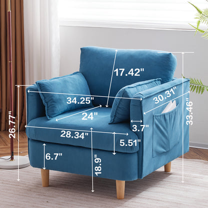 29.5 "W Modern Fabric Decorative Chair Armchair Upholstered Reading Chair Single Sofa Casual Club Chair with Solid Wooden Feet and 2 Pillow, for living room, bedroom, bed room, office, corduroy fabric