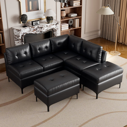 94.88" L-Shaped Corner Sofa Pu Leather Sectional Sofa Couch with Movable Storage Ottomans for Living Room, Black