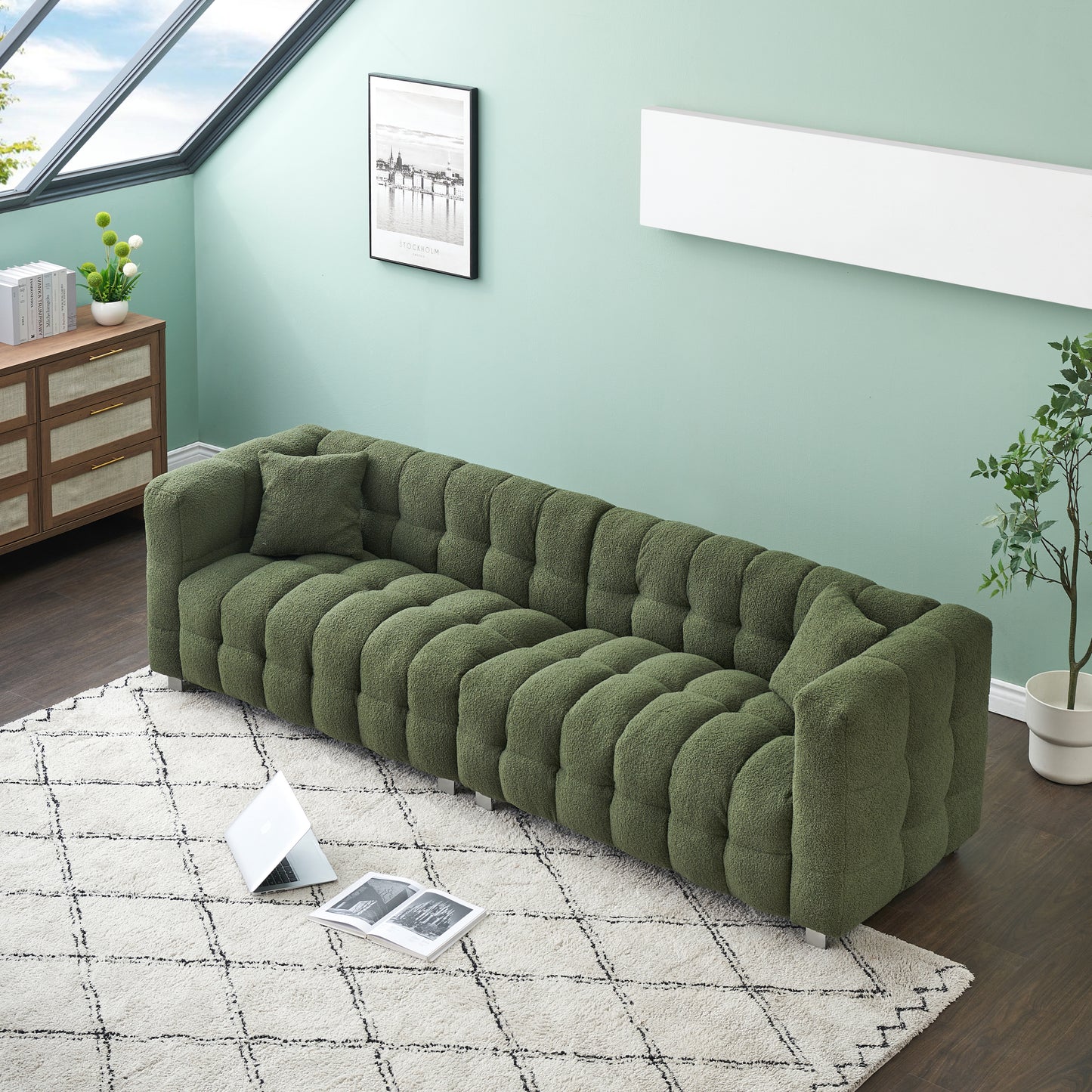 102-inch green teddy fleece sofa with two throw pillows in living room Bedroom apartment sofa supported by hardware feet