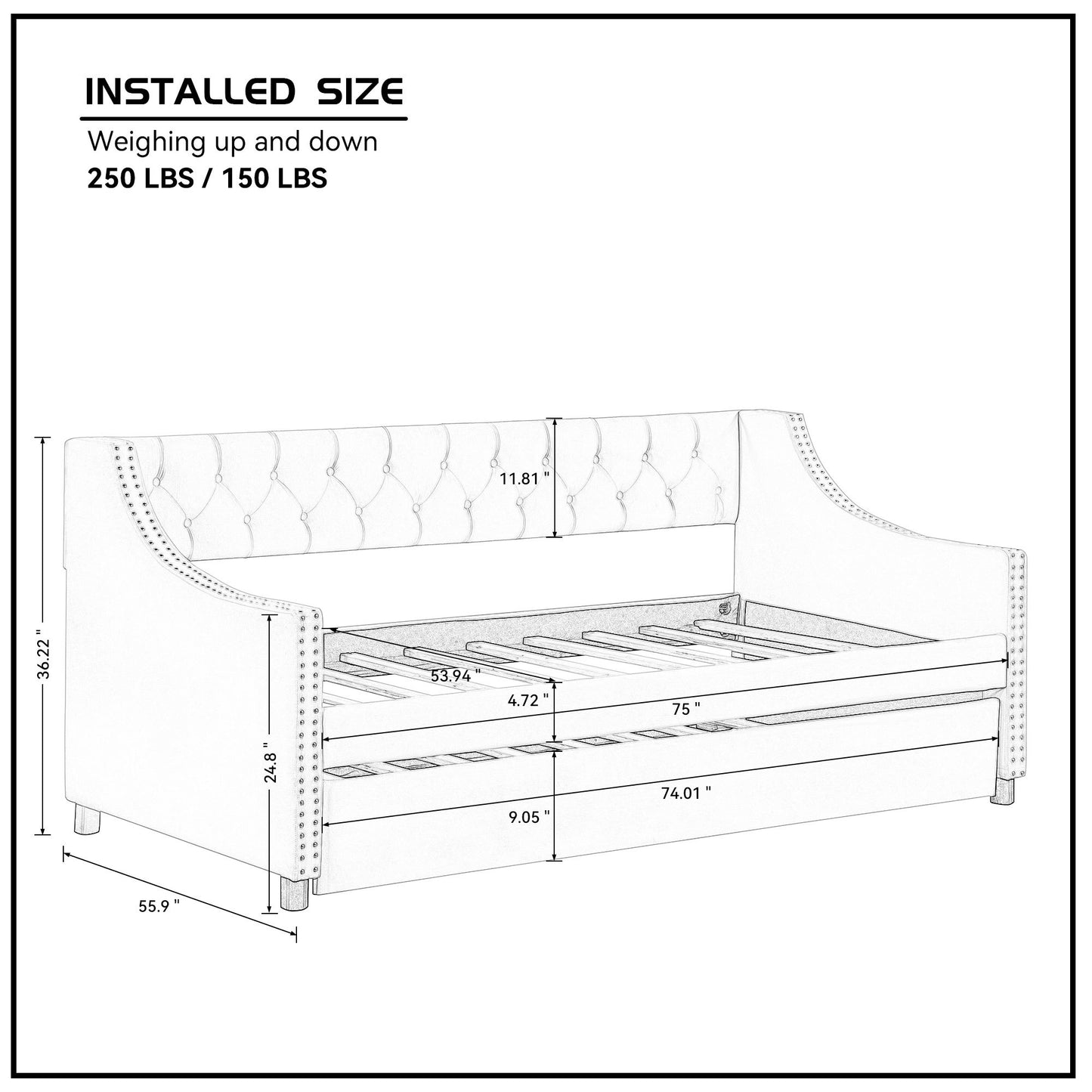 Daybed with Trundle Upholstered Tufted Sofa Bed, with Button and Copper Nail on Arms，full Size