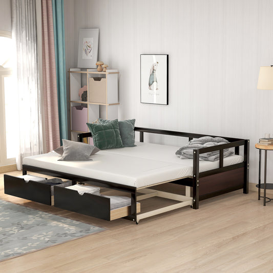 Wooden Daybed with Trundle Bed and Two Storage Drawers, Extendable Bed Daybed,Sofa Bed for Bedroom Living Room,Espresso