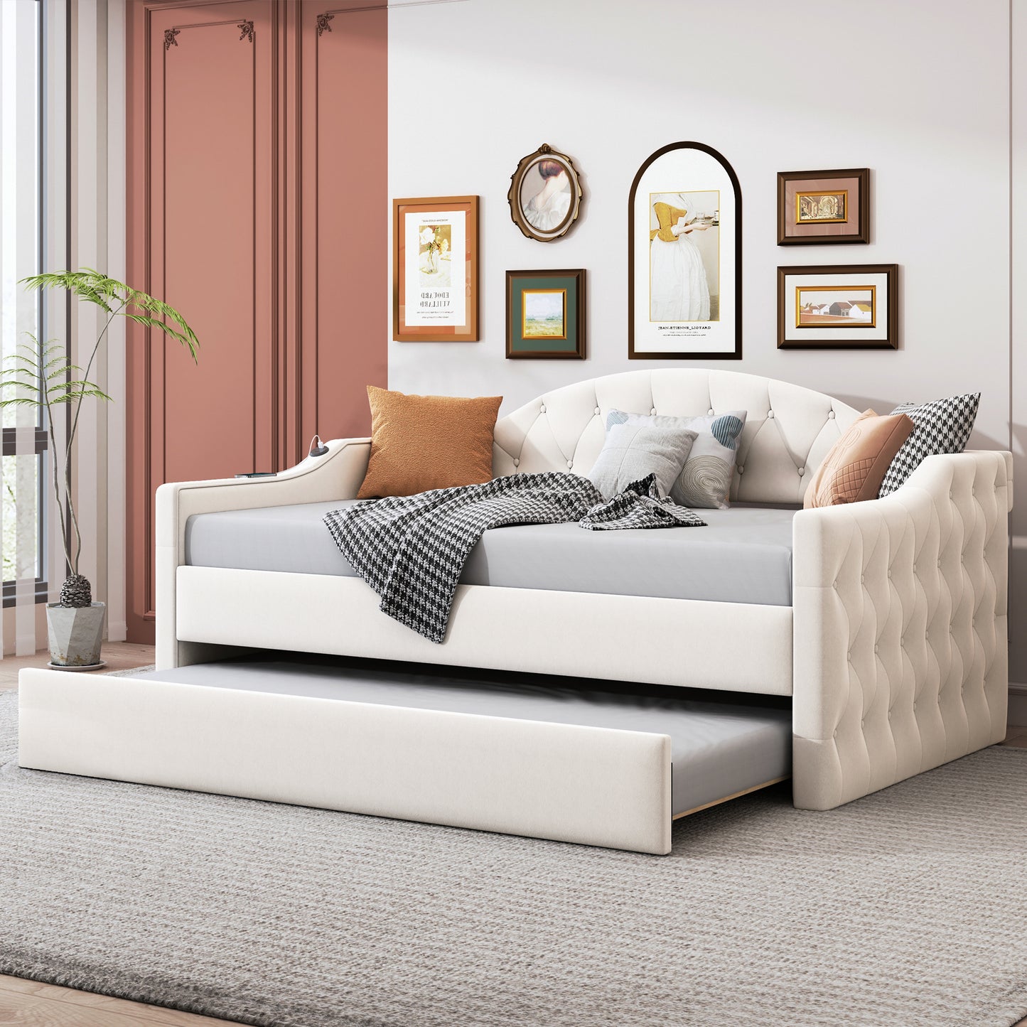 Size Tufted Upholstered Daybed with Trundle,Velvet Sofabed with USB&Type-C Charging Ports,No Box-spring Needed, Beige