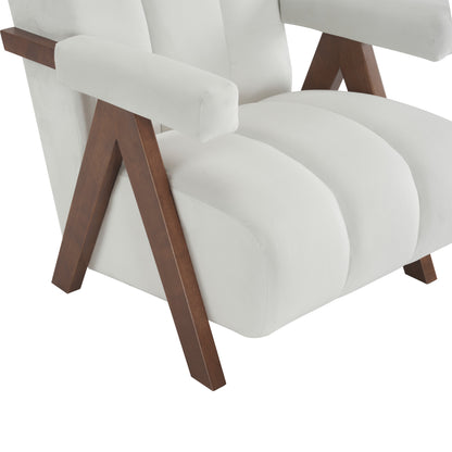 Mid Century Modern Accent Chair with Solid Wood Frame, Upholstered Living Room Chairs with Thick Cushion, Comfy Tufted Arm Chair for Bedroom, Living Room, Velvet, Ivory