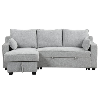 90" Pull Out Sleeper Sofa L-Shaped Couch Convertible Sofa Bed with Storage Chaise, Storage Racks and USB Ports, Light Grey