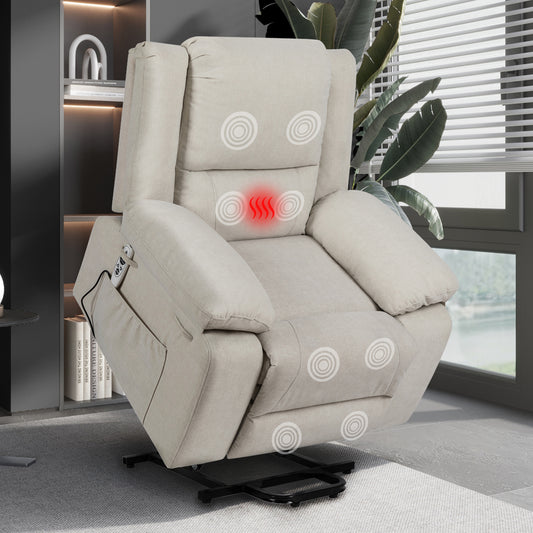 Electric Power Recliner Chair With Massage For Elderly,Remote Control Multi-function Lifting, Timing, Cushion Heating Chair With Side Pocket Beige