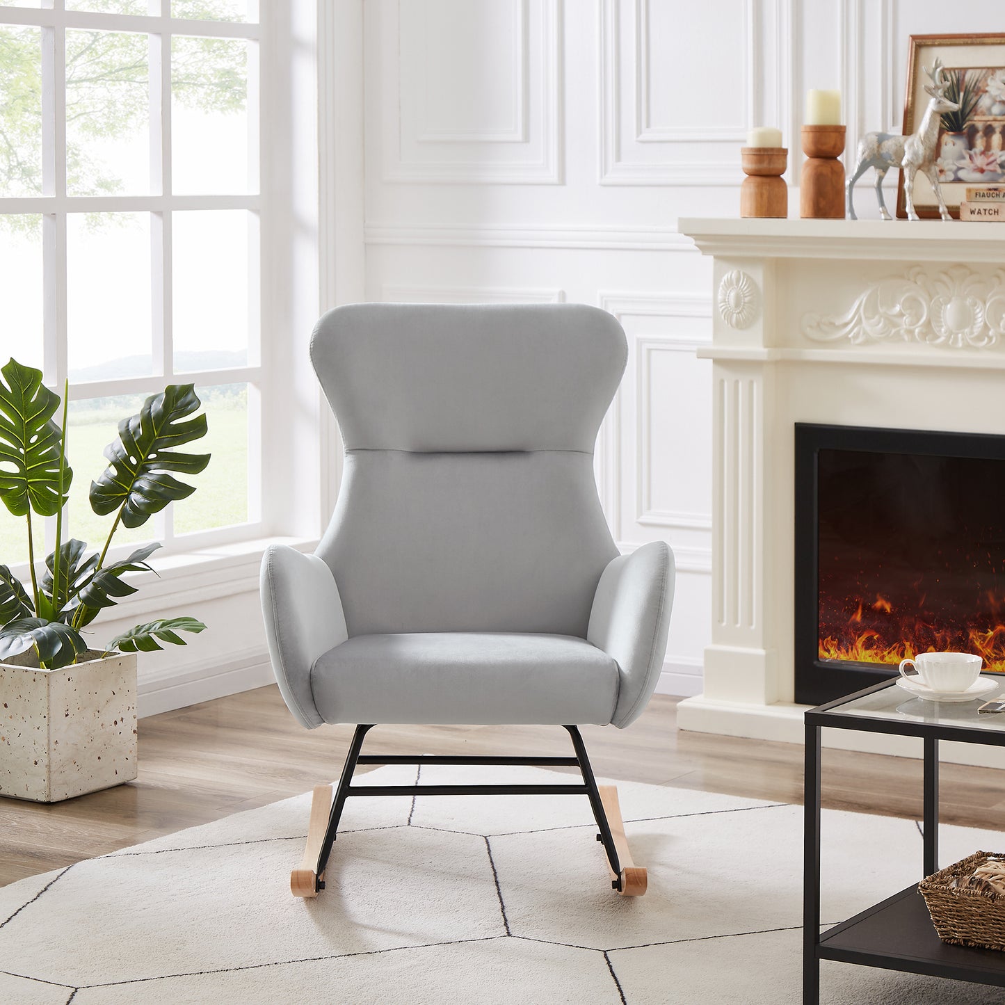 Grey velvet rocking chair