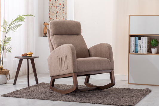 Rocking Chair, Modern Glider Chair, Recliner Armchair with Wood Legs and Side Pocket, Nursery Rocking Accent Chair with High Back for Living Room Bedroom (Camel linen)