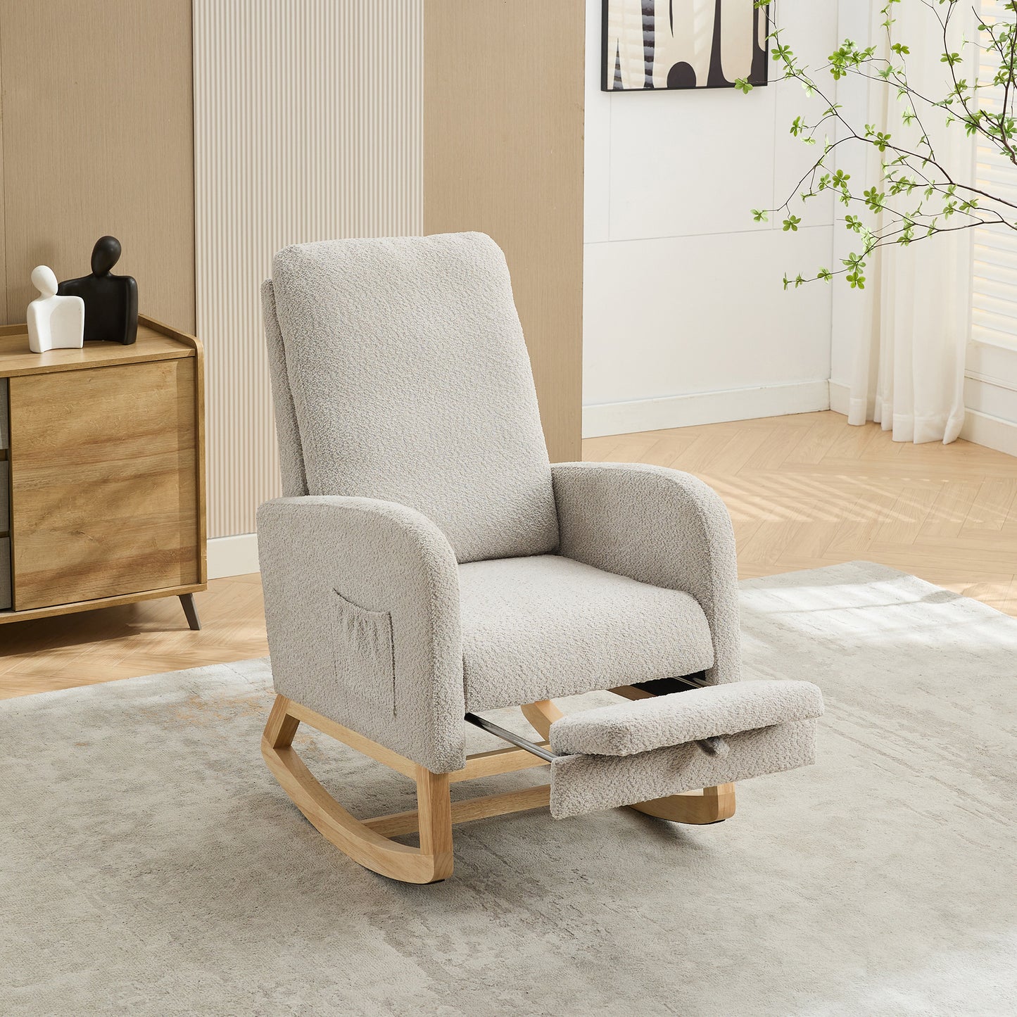 25.4"W Rocking Chair for Nursery, High Back Glider Chair with Retractable Footrest, Side Pocket, Rocking Accent Armchair with Rubber Wood Legs for Living Room/Bedroom.Light Gray