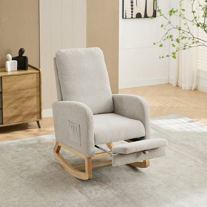 25.4"W Rocking Chair for Nursery, High Back Glider Chair with Retractable Footrest, Side Pocket, Rocking Accent Armchair with Rubber Wood Legs for Living Room/Bedroom.Light Gray