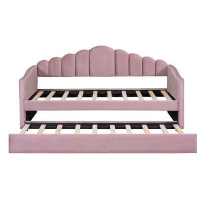 Twin size Upholstered Daybed with Trundle,Velvet Sofabed with USB Charging Ports,No Box-spring Needed,Pink