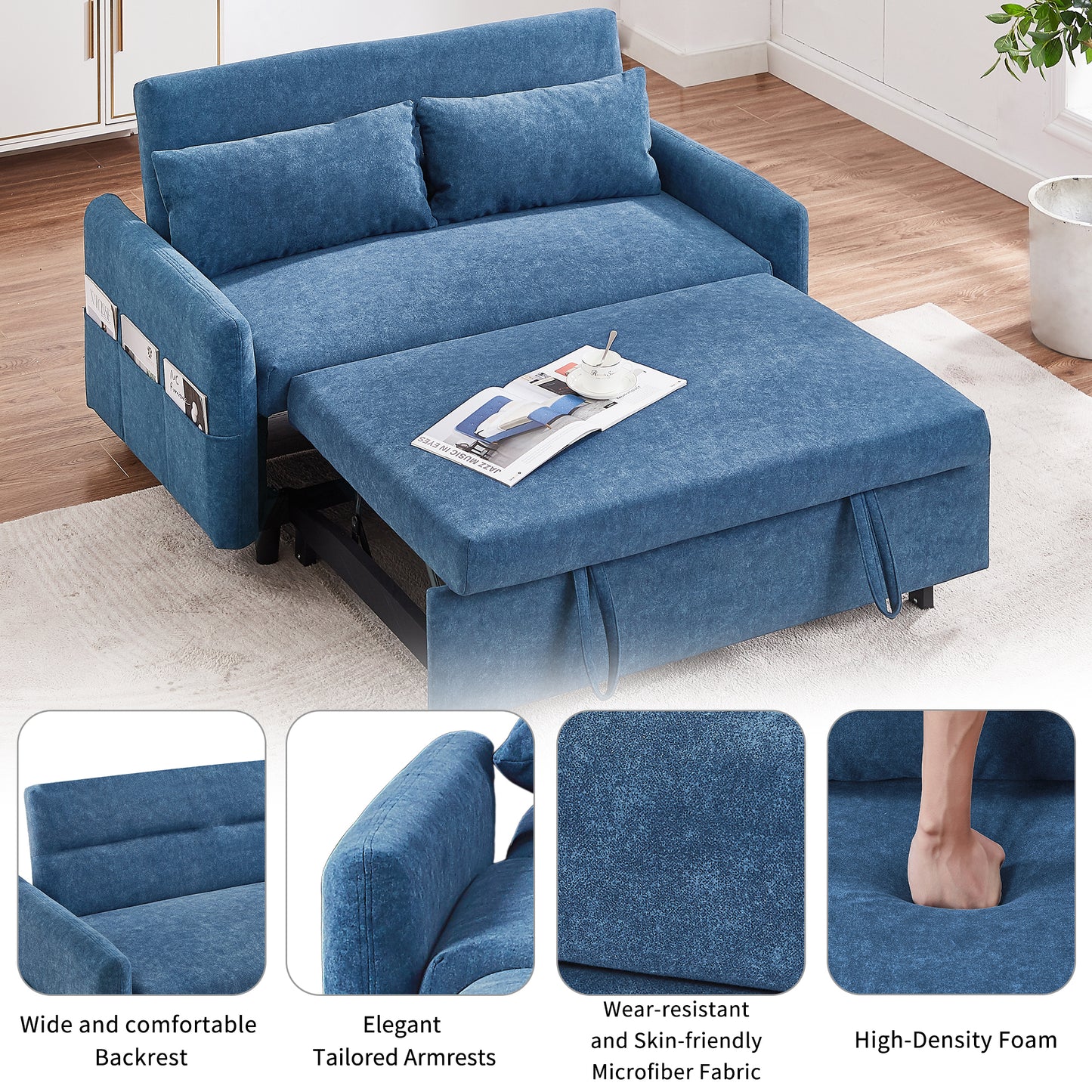 55.1" Pull Out Sleep Sofa Bed Loveseats Sofa Couch with Adjsutable Backrest, Storage Pockets, 2 Soft Pillows, USB Ports for Living Room, Bedroom, Apartment, Office, Blue (Old SKU WF307821AAC)