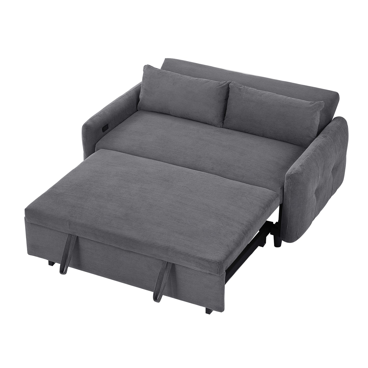 57.48" Pull-out Sofa Bed Convertible Couch 2 Seat Loveseat Sofa Modern Sleeper Sofa with Two Throw Pillows and USB Ports for Living Room, Dark Grey