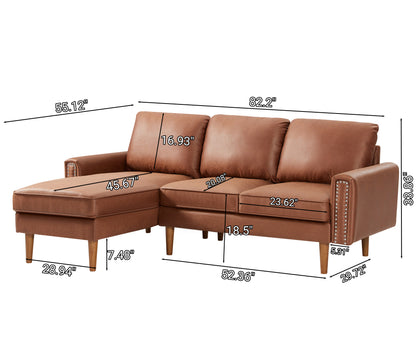 82.2"L-Shape Sofa Couch with Chais Mid-Century Copper Nail on Arms,strong wooden leg and suede fabric design that will complement any living space.Left Chaise, Brown