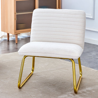 One White minimalist armless sofa chair with plush cushion and backrest paired with golden metal legs, suitable for offices, restaurants, kitchens, bedrooms