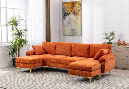 U-shape sectional sofa with Ottoman, Reversible Sofa Couch for Living Room,Spacious Furniture,Durable Couch Removable and machine washable cover (Orange Velvet)