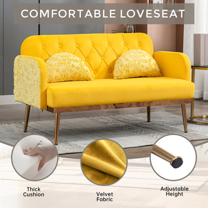 Modern Velvet Loveseat Sofa, Comfy Upholstered 2-Seater Sofa with Gold Metal Legs, Small Loveseat Accent Couch for Living Bedroom Leisure Areas