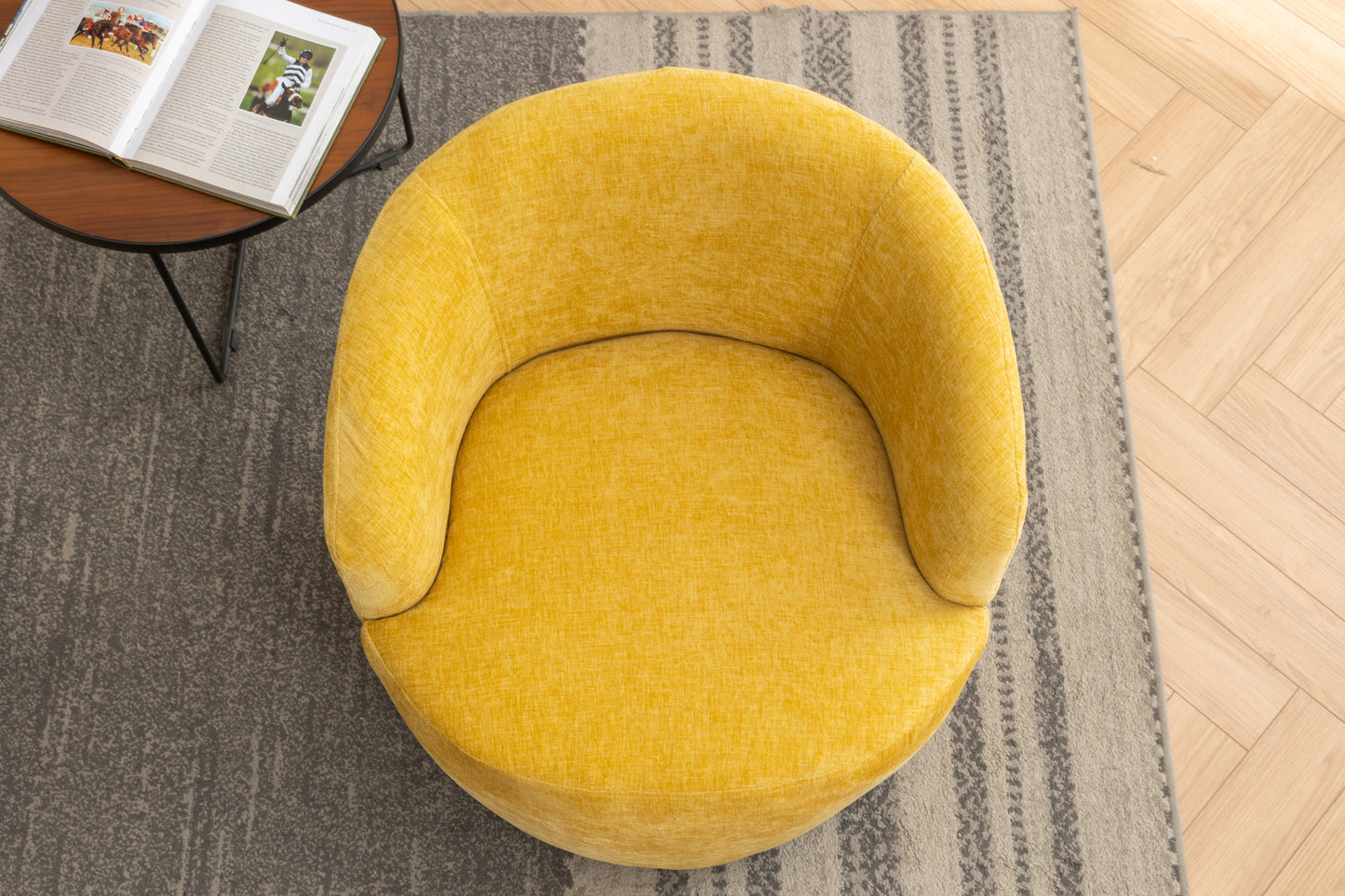 037-Chenille Fabric Swivel Accent Armchair Barrel Chair With Black Powder Coating Metal Ring,Yellow