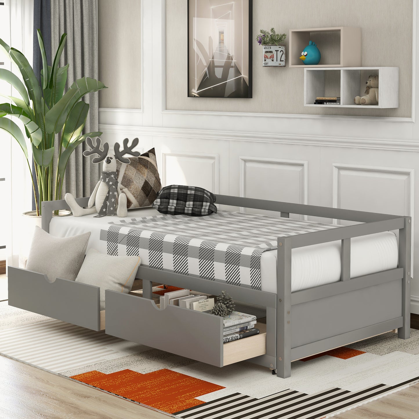 Wooden Daybed with Trundle Bed and Two Storage Drawers, Extendable Bed Daybed,Sofa Bed for Bedroom Living Room, Gray