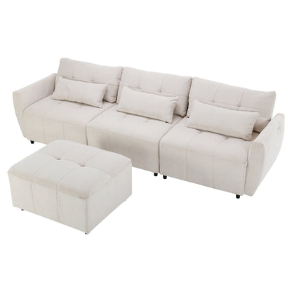 113.3" Convertible Sectional Sofa Couch 3-Seat L-Shaped Sofa with Movable Ottoman and USB for Apartment, Living Room, Bedroom, Beige