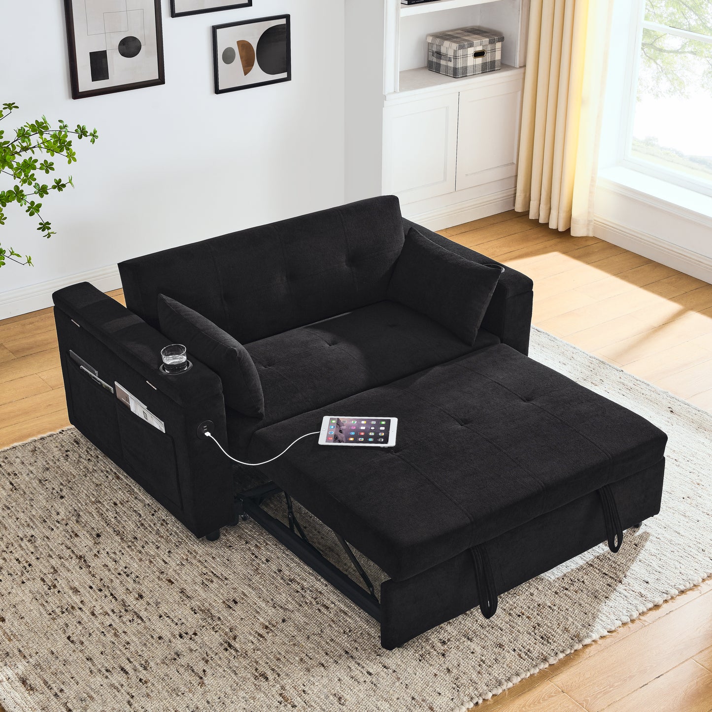 54" Pull-Out Sleeper Sofa Bed Double Seat Recliner Sofa Bed with Armrests with Storage and Side Pockets, Adjustable Backrest and Lumbar Pillow for Apartments, Living Rooms, etc. with USB Power Outlet