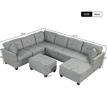 121.3" Oversized Sectional Sofa with Storage Ottoman, U Shaped Sectional Couch with 2 Throw Pillows for Large Space Dorm Apartment