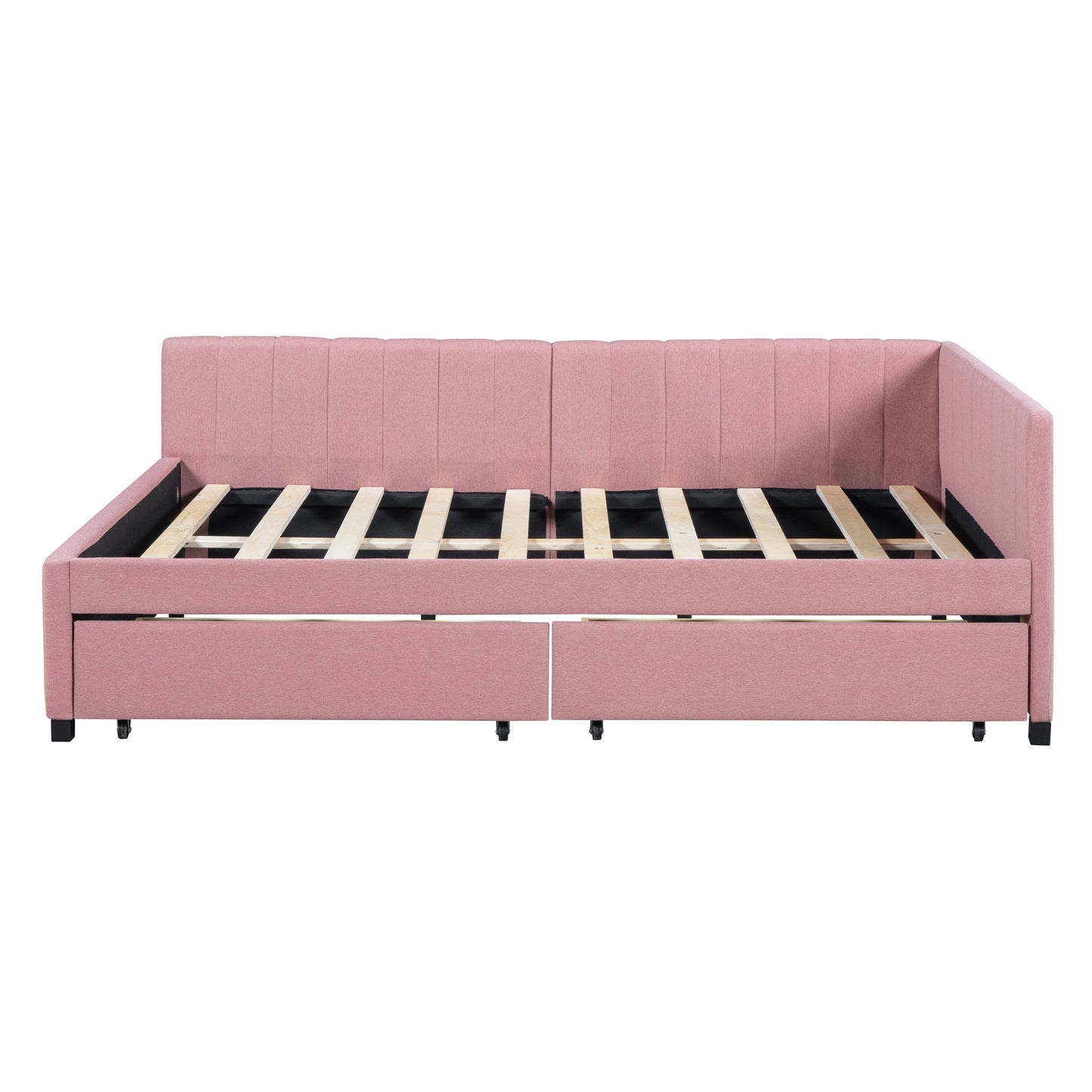 Full Size Upholstered Daybed with 2 Storage Drawers Sofa Bed Frame No Box Spring Needed, Linen Fabric (Pink)