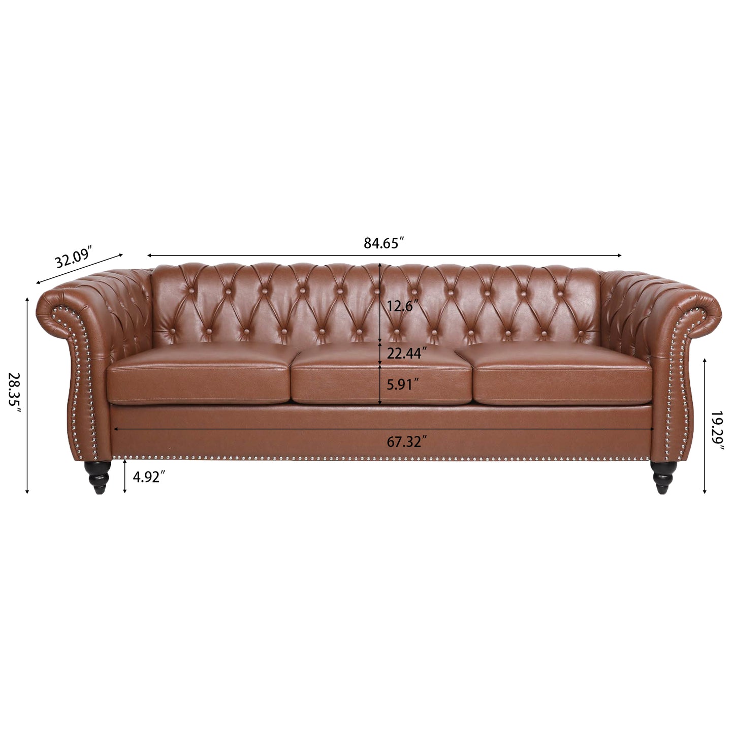 84.65"BROWN PU Rolled Arm Chesterfield Three Seater Sofa.