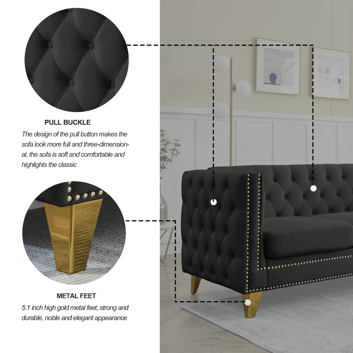 Velvet Sofa for Living Room,Buttons Tufted Square Arm Couch, Modern Couch Upholstered Button and Metal Legs, Sofa Couch for Bedroom, Black Velvet(W834S00022)