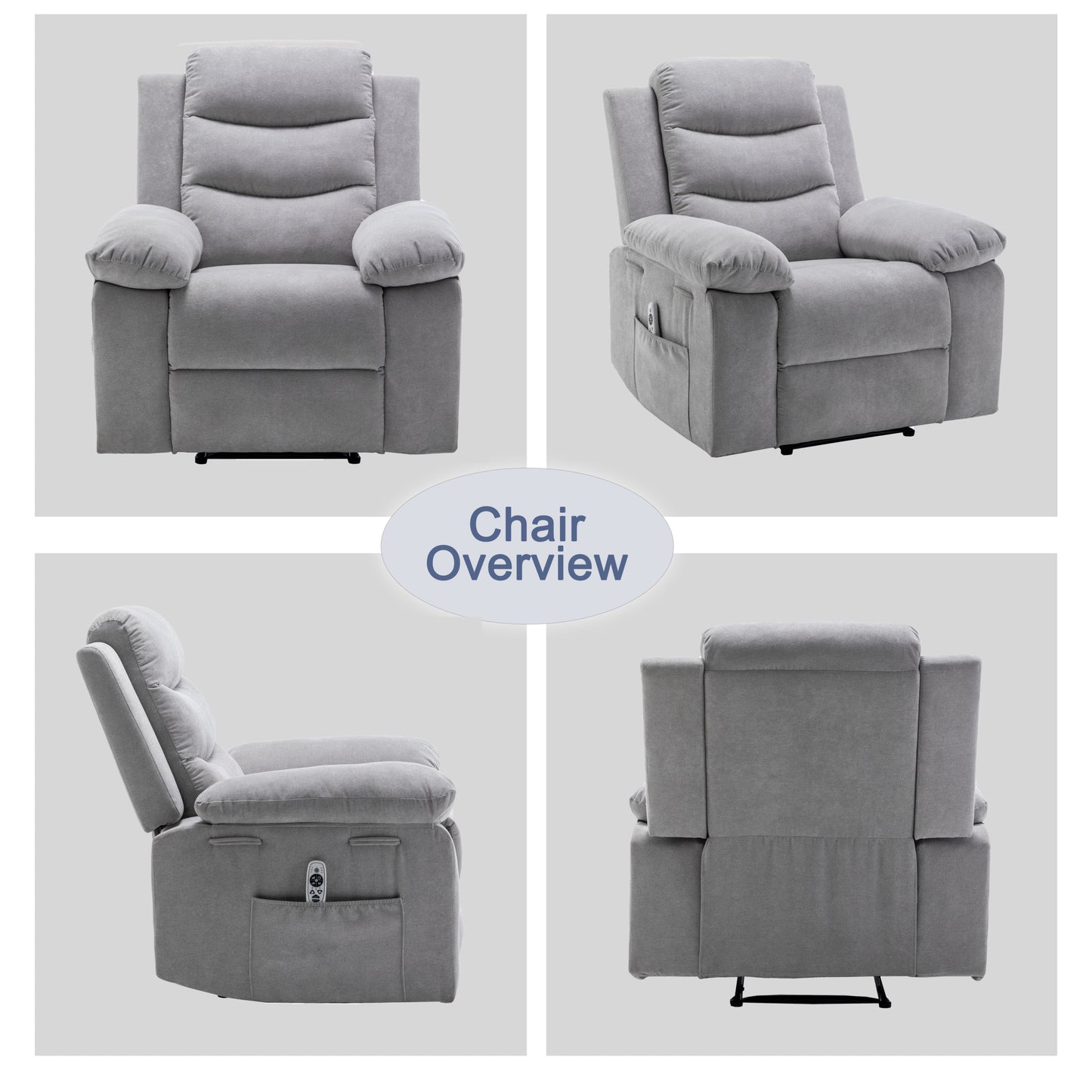 Power Recliner Chair with Adjustable Massage Function, Velvet Electric Power Chair for Elderly with One Side Pockets, Recliner Chair with Heating System for Living Room,Light Gray