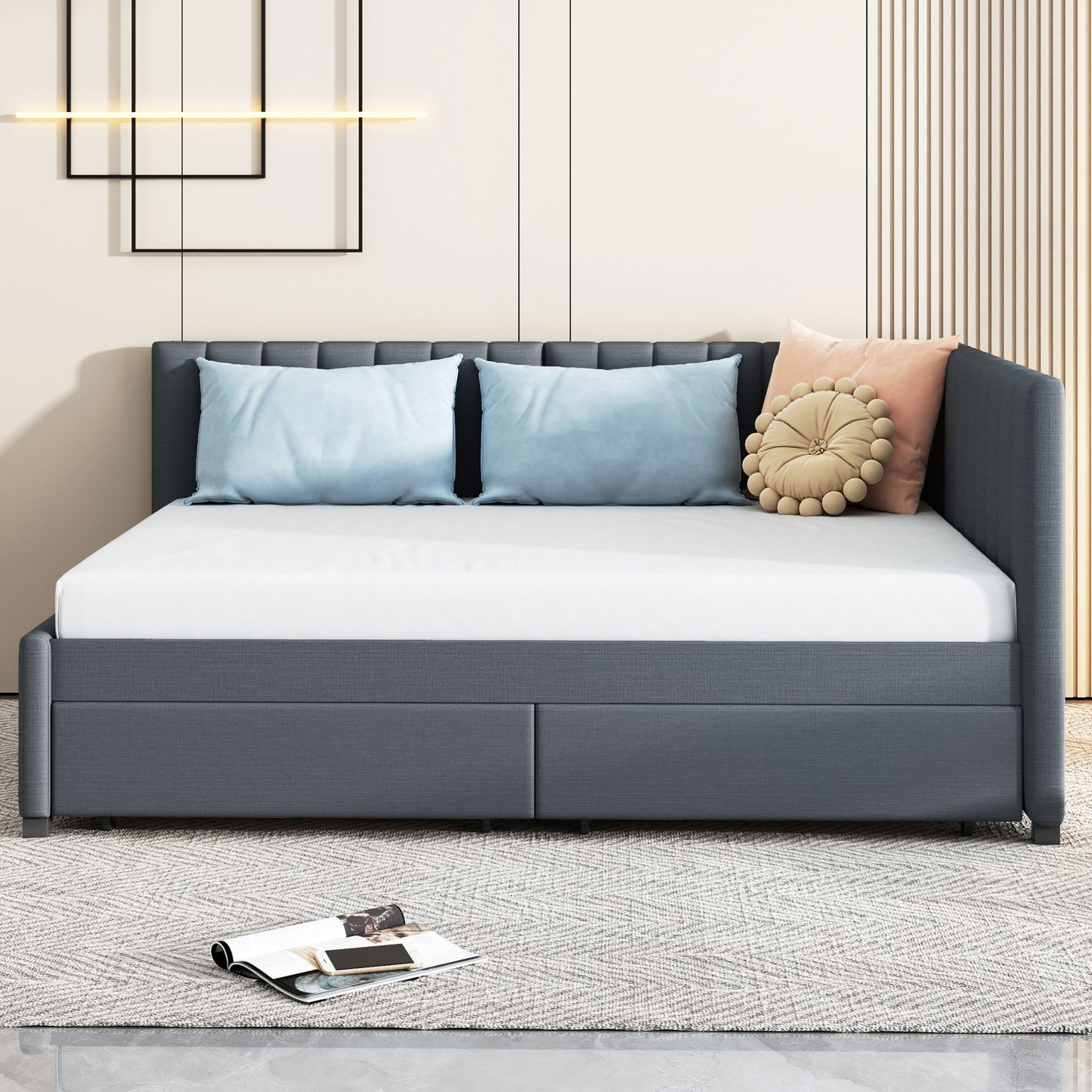 Full Size Upholstered Daybed with 2 Storage Drawers Sofa Bed Frame No Box Spring Needed, Linen Fabric (Gray)