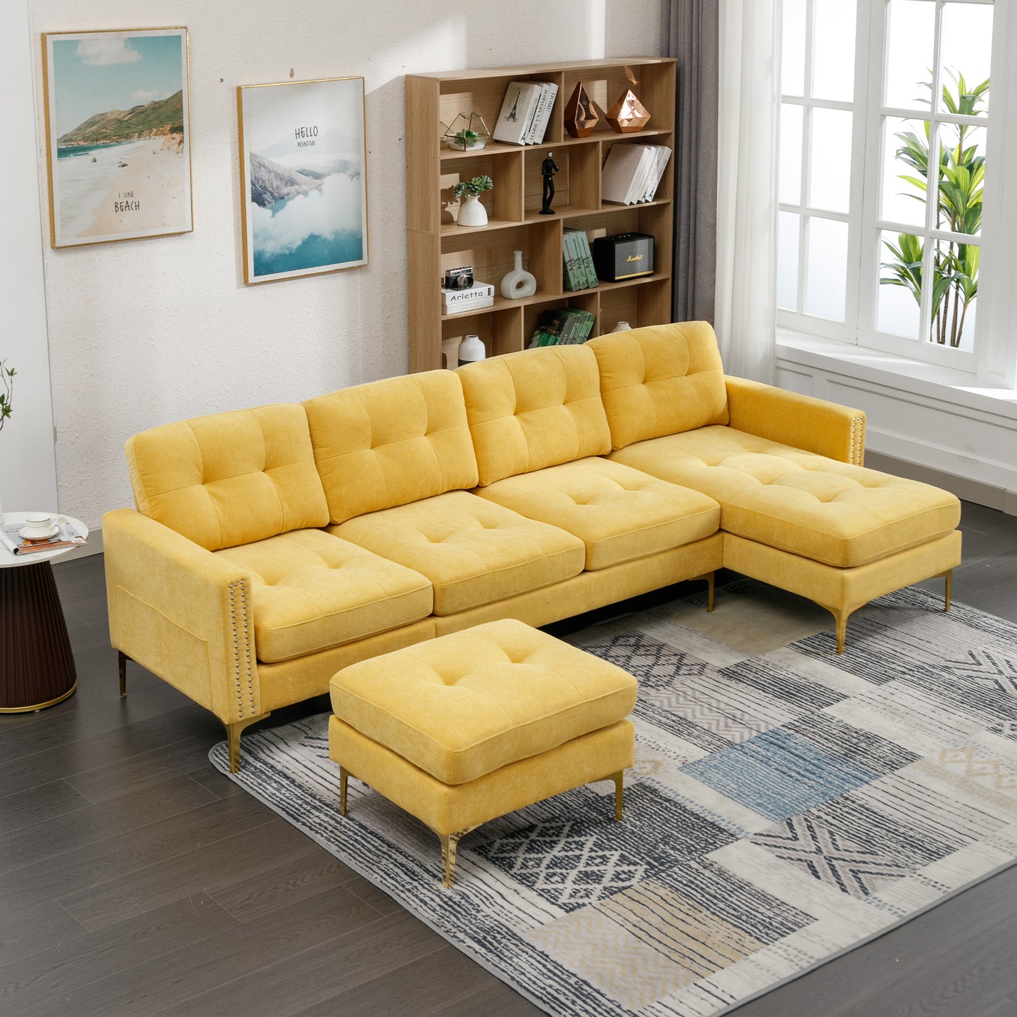 110" L-Shape Convertible Sectional Sofa Couch with Movable Ottoman for Living Room, Apartment, Office, Yellow