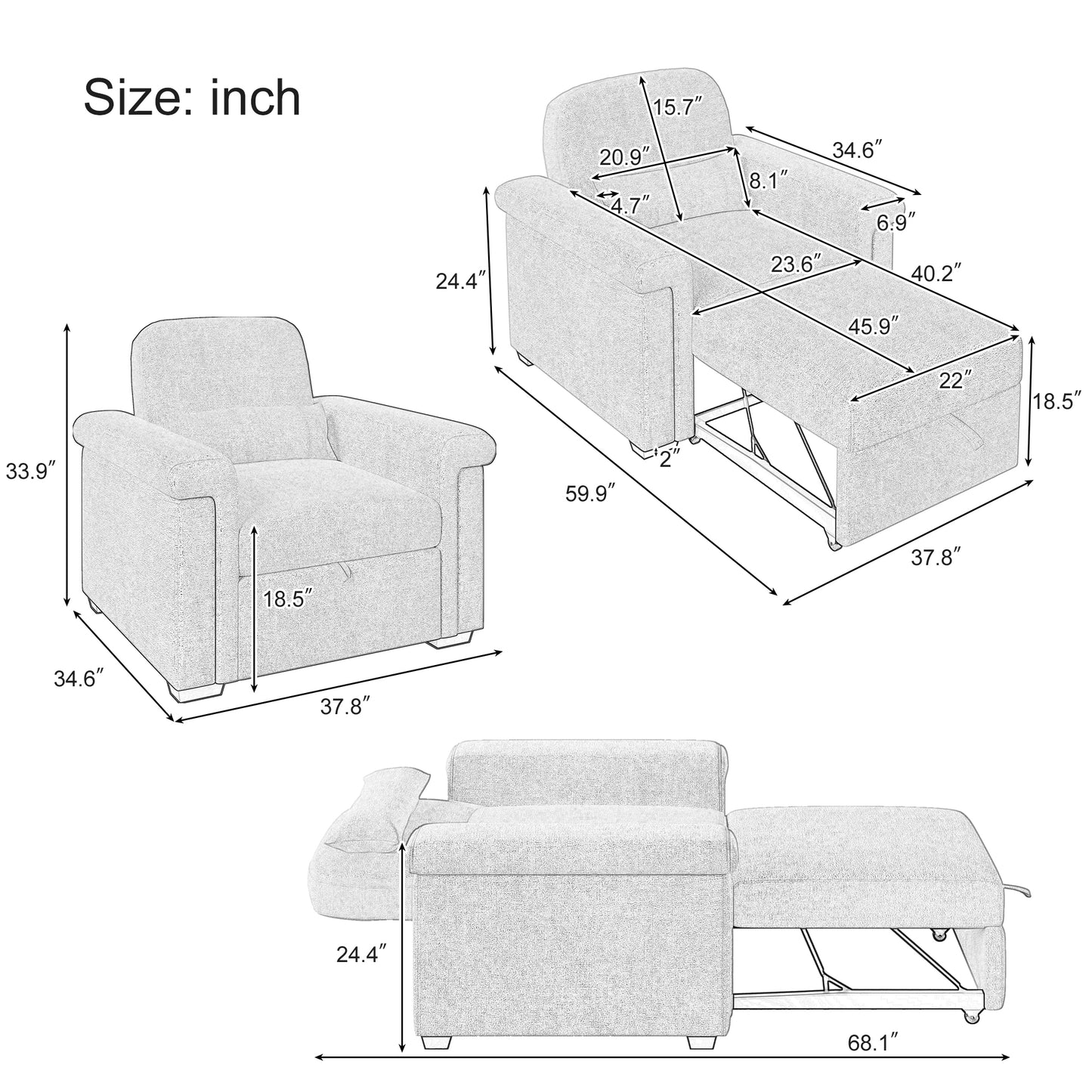 3 in 1 Convertible Sleeper Chair Sofa Bed Pull Out Couch Adjustable Chair with Pillow, Adjust Backrest into a Sofa, Lounger Chair, Single Bed or Living Room or Apartment, Beige