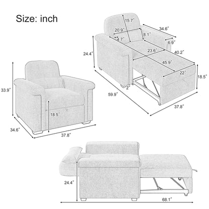 3 in 1 Convertible Sleeper Chair Sofa Bed Pull Out Couch Adjustable Chair with Pillow, Adjust Backrest into a Sofa, Lounger Chair, Single Bed or Living Room or Apartment, Beige