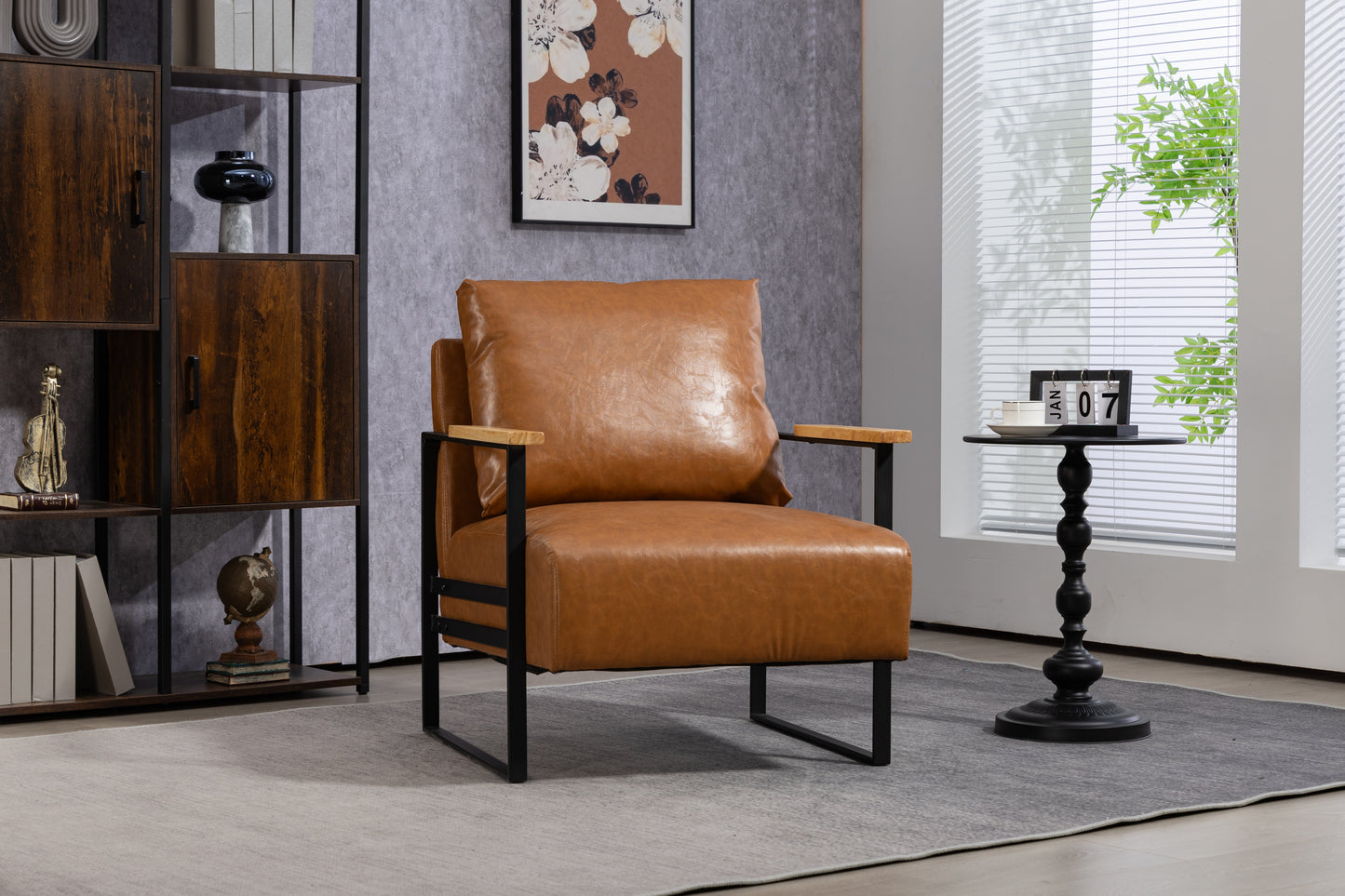 Leather Accent Chair Guest Chair for Living Room, Mid Century Armchair for Bedroom (Brown Leather)