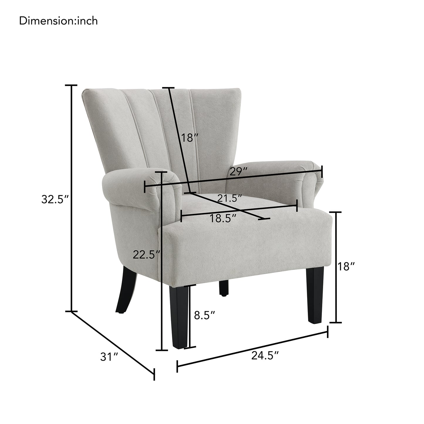 Modern Accent Living Room Chairs,Polyester Armchair Club Chair with channel back, Accent chair for Living room, Bedroom Reading room, soft fabric, wooden Leg, Light Grey