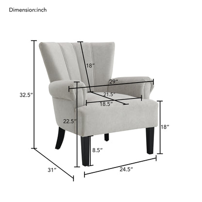 Modern Accent Living Room Chairs,Polyester Armchair Club Chair with channel back, Accent chair for Living room, Bedroom Reading room, soft fabric, wooden Leg, Light Grey