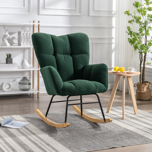 Mid Century Modern Teddy Fabric Tufted Upholstered Rocking Chair Padded Seat For Living Room Bedroom,Dark Green