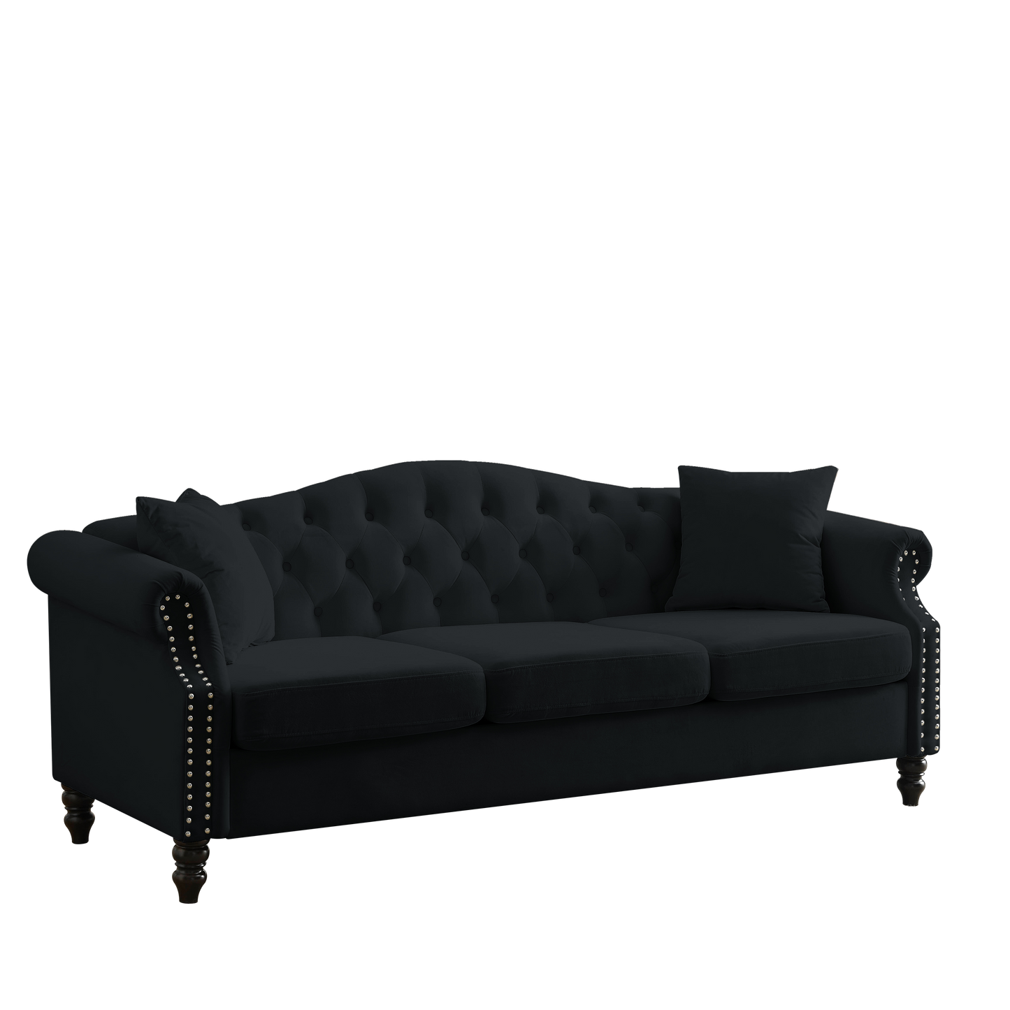 79" Chesterfield Sofa Black Velvet for Living Room, 3 Seater Sofa Tufted Couch with Rolled Arms and Nailhead for Living Room, Bedroom, Office, Apartment, two pillows