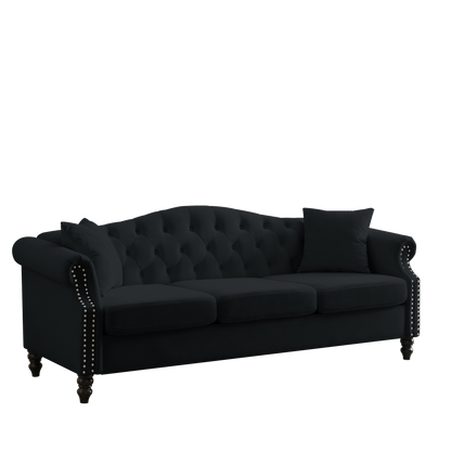 79" Chesterfield Sofa Black Velvet for Living Room, 3 Seater Sofa Tufted Couch with Rolled Arms and Nailhead for Living Room, Bedroom, Office, Apartment, two pillows