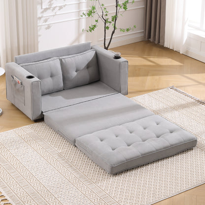 3-in-1 Upholstered Futon Sofa Convertible Sofa bed,Foldable Tufted Loveseat with Pull Out Sleeper Couch Bed,Folding Mattres Love Seat Daybed W/Side Pockets and Cup Holder, Light Gray