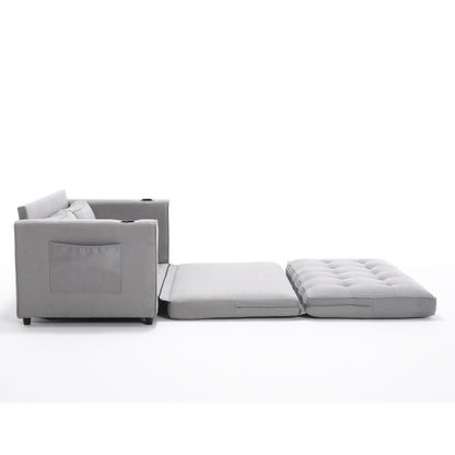 3-in-1 Upholstered Futon Sofa Convertible Sofa bed,Foldable Tufted Loveseat with Pull Out Sleeper Couch Bed,Folding Mattres Love Seat Daybed W/Side Pockets and Cup Holder, Light Gray