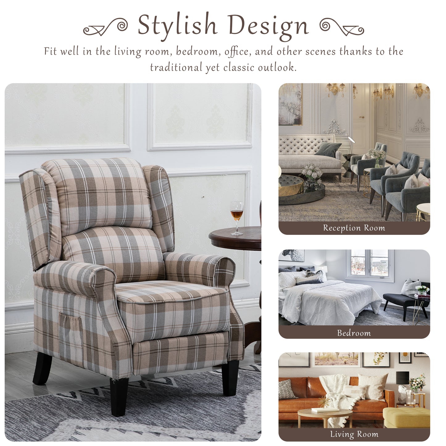 Armchair Sofa Comfortable Upholstered leisure chair / Recliner Chair for Living Room(Beige Check)