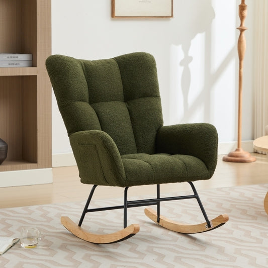 Modern Nursery Rocking Chair Upholstered Glider Chair with High Backrest Rocker Accent Armchair with Solid Wood Legs for Nursery Bedroom Living Room Teddy(dark green)