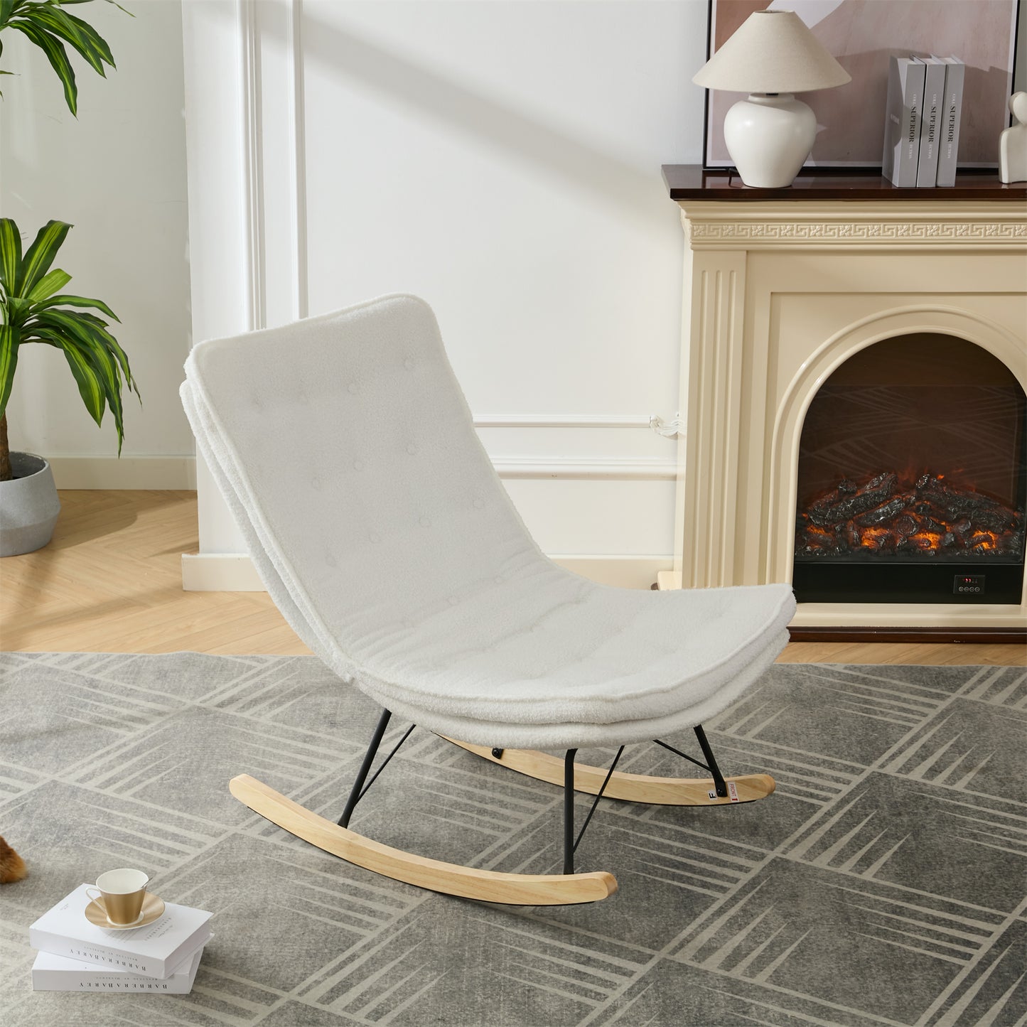 Lazy Rocking Chair,Comfortable Lounge Chair with Wide Backrest and Seat Wood Base, Upholstered Armless Rocker Chair for Living room, Balcony,Bedroom and Patio Porch. (WHITE)