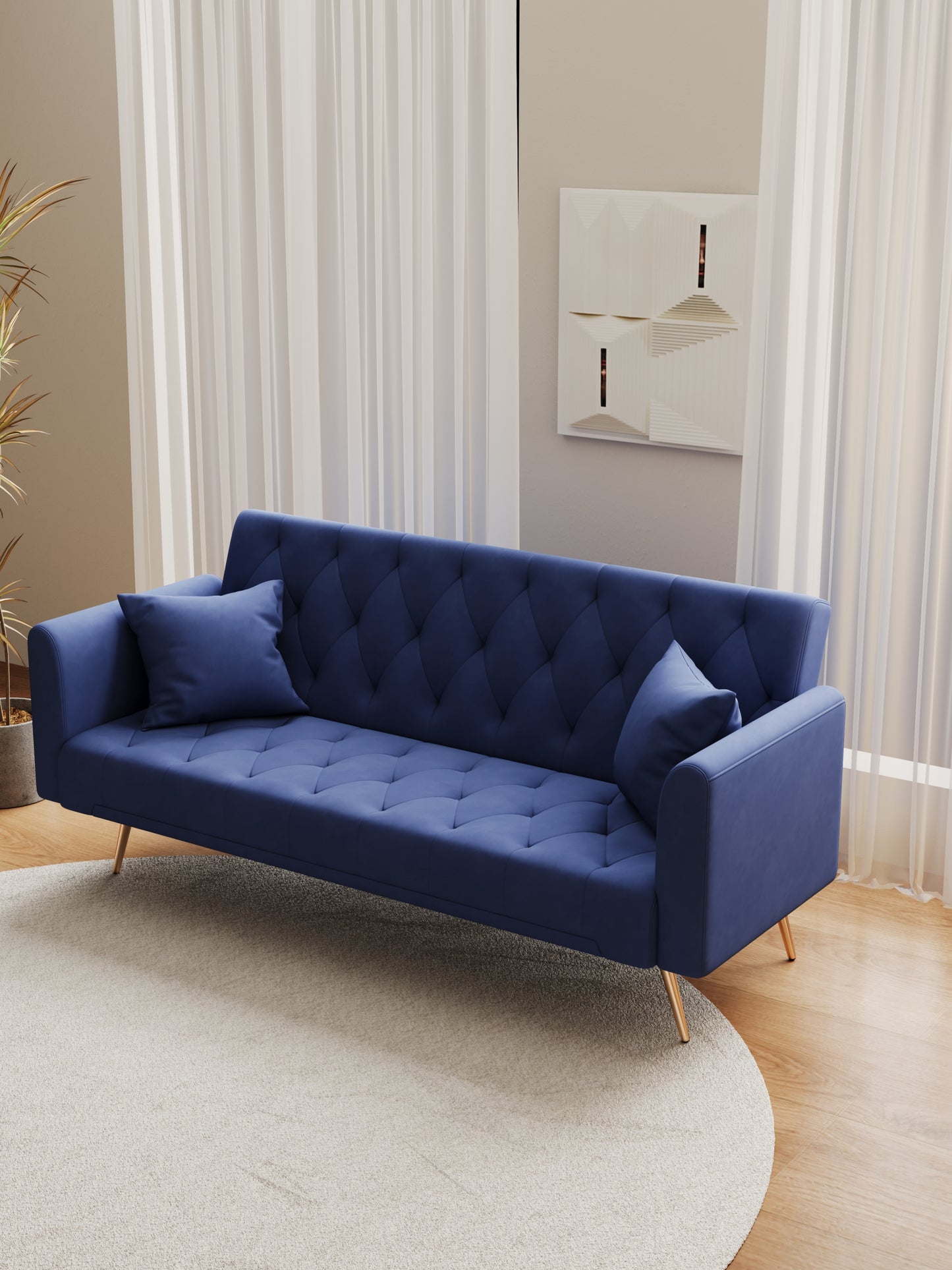 71-inch convertible love seat sofa, American retro blue velvet material, suitable for small living room, bedroom, office