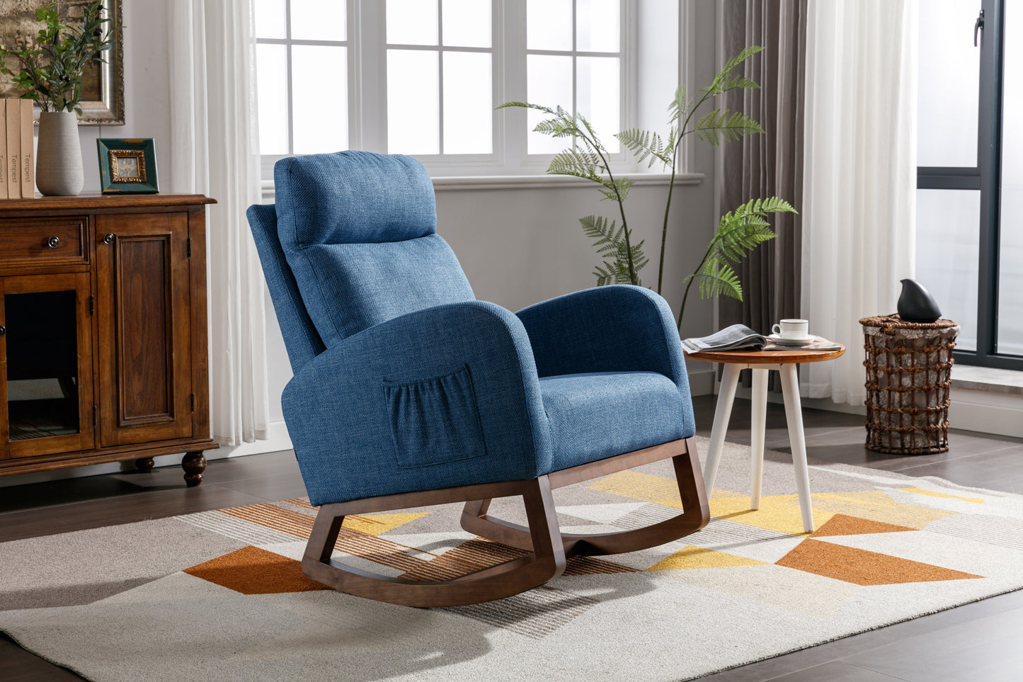 Rocking Chair, Modern Glider Chair, Recliner Armchair with Wood Legs and Side Pocket, Nursery Rocking Accent Chair with High Back for Living Room Bedroom (Blue linen)