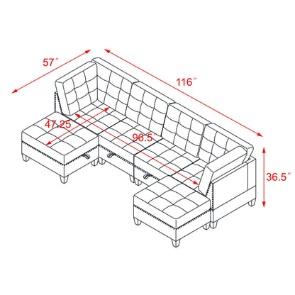 U shape Modular Sectional Sofa,DIY Combination,includes Two Single Chair,Two Corner and Two Ottoman,Black Velvet.