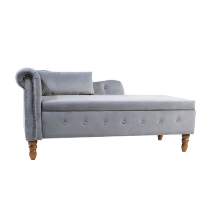 Grey Chaise Lounge Indoor,Velvet Lounge Chair for Bedroom with Storage & Pillow,Modern Upholstered Rolled Arm Chase Lounge for Sleeping with Nailhead Trim for Living Room Bedroom Office