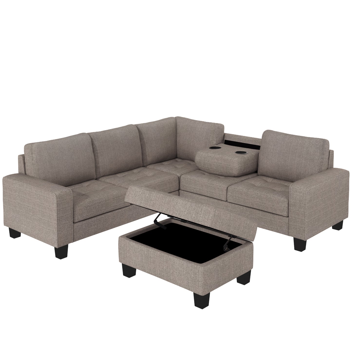 Sectional Corner Sofa L-shape Couch Space Saving with Storage Ottoman & Cup Holders Design for Large Space Dorm Apartment