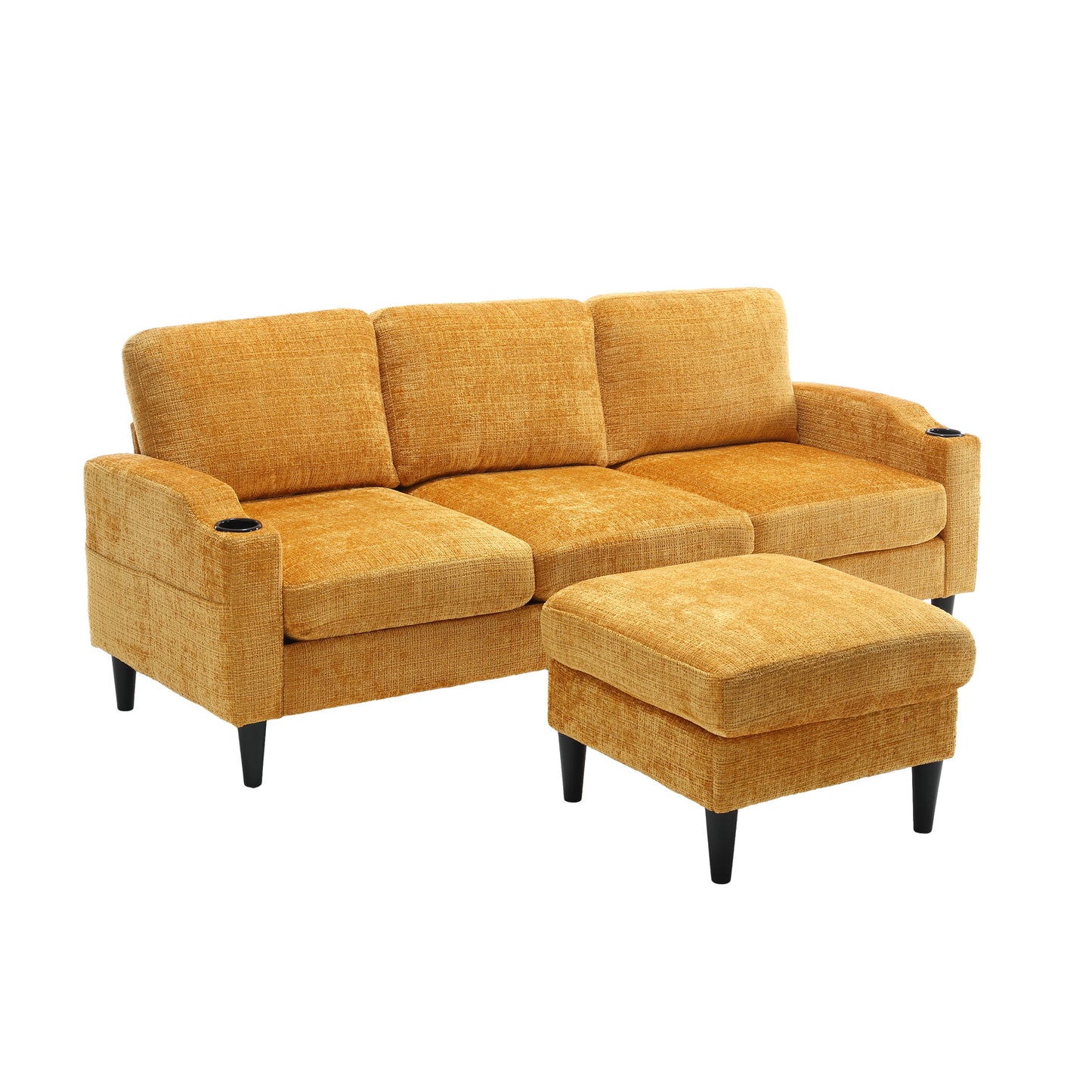 Sofa for three, solid wood frame, Chenille fabric, side pocket, with two cup holders, footstool with storagestorage sofa /Living room sofa cozy sectional sofa